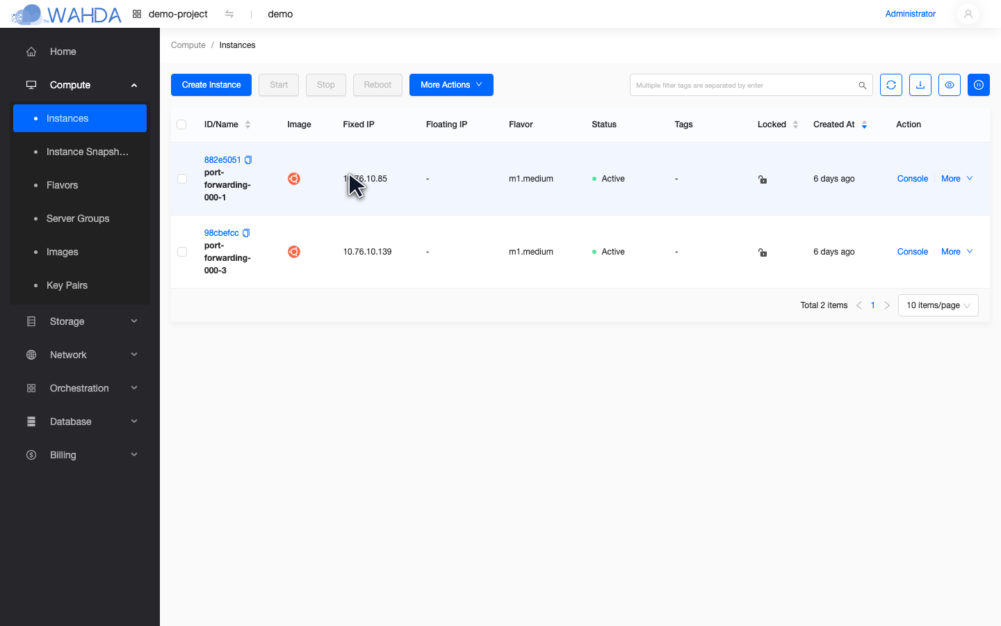 Empty Instances list with the Create button