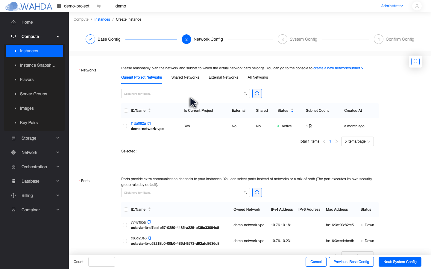 Step 2 of the wizard — empty Network Config form