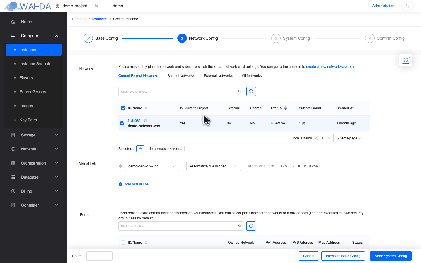 Step 2 with a network selected — demo-network-vpc row checked