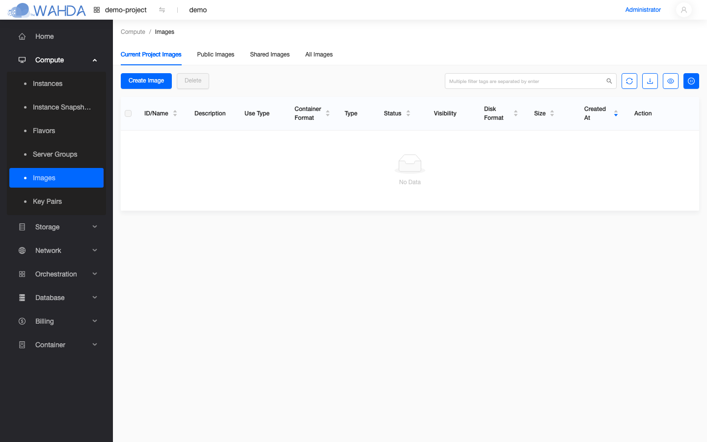 Current Project Images tab — empty state on a fresh project
