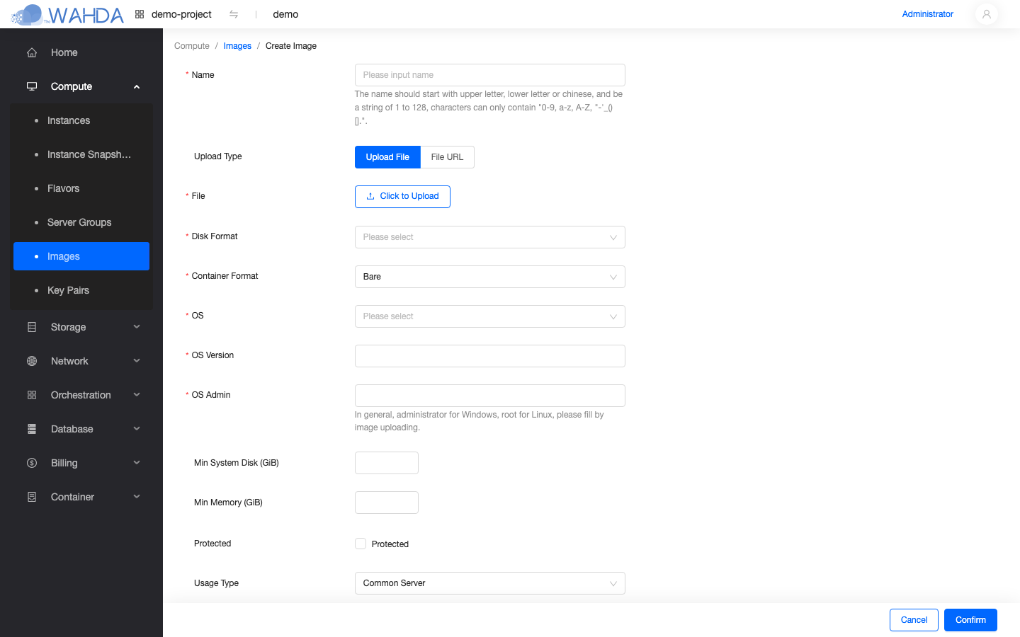 Create Image form — Upload File tab with all fields visible