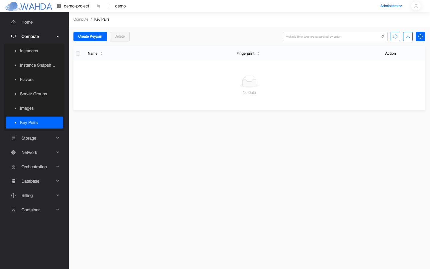 Key Pairs page — empty list on a fresh project