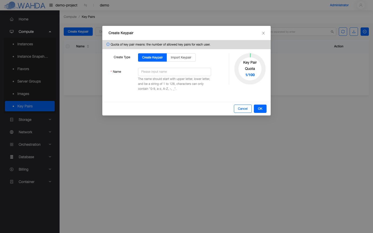 Create Keypair dialog — Create Keypair tab active