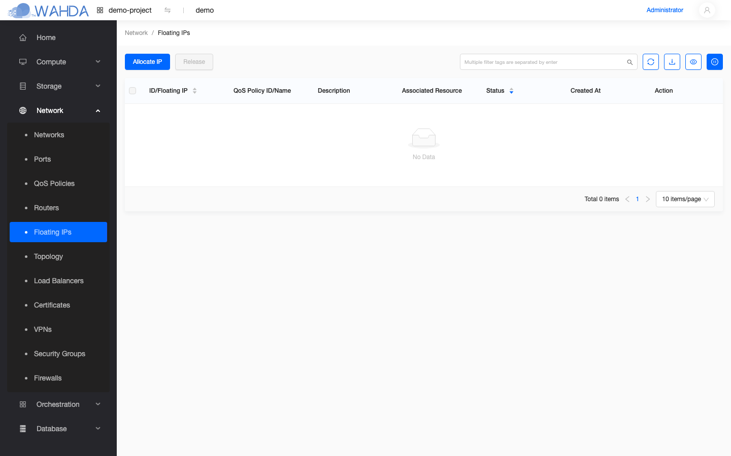 Floating IPs page — empty on a fresh project