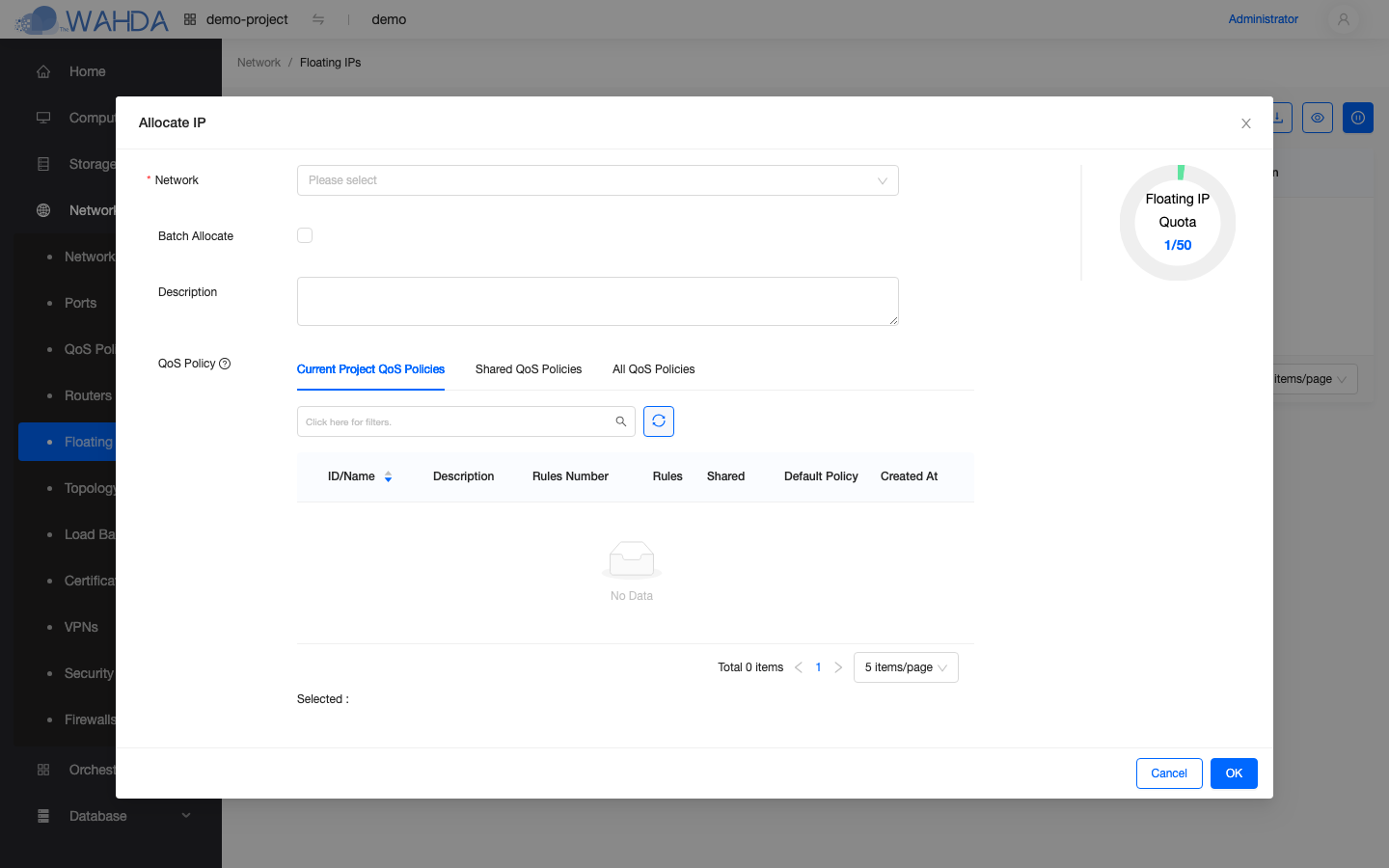 Allocate IP dialog — pick the network to draw from