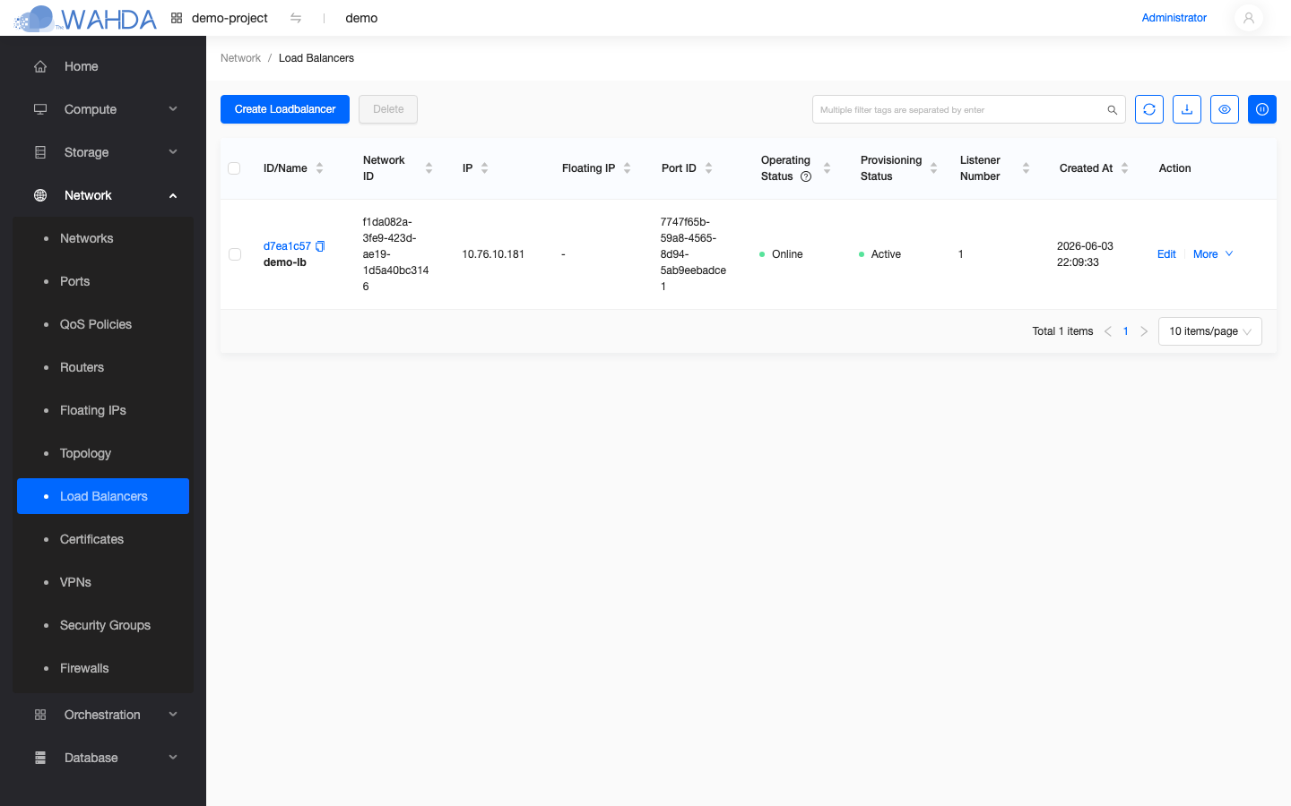 Load Balancers list — one existing balancer visible