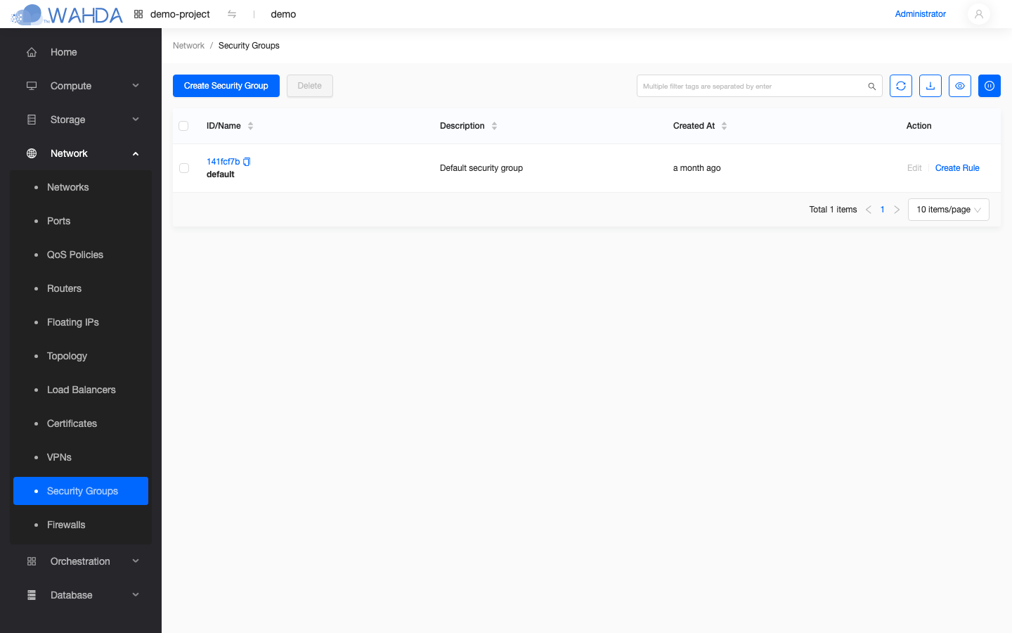 Security Groups list — the default group on a fresh project