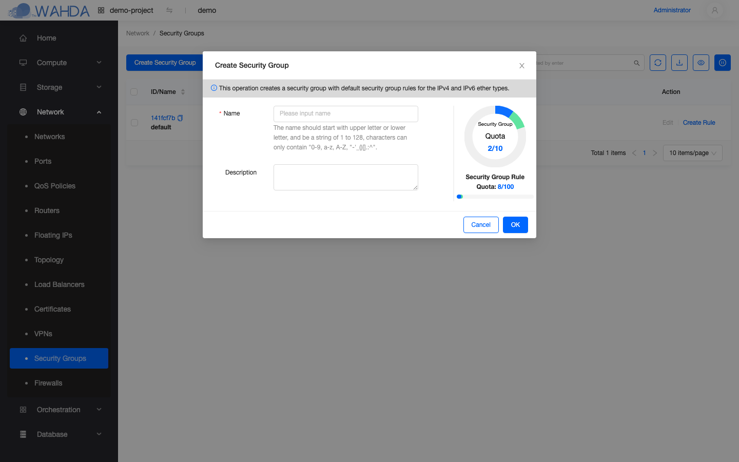 Create Security Group dialog — name and description
