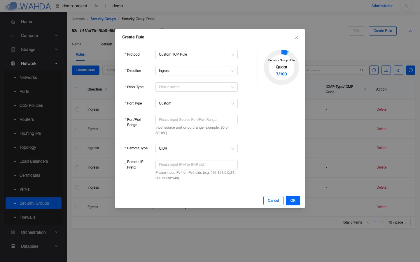 Create Rule dialog — Custom TCP Rule, Ingress