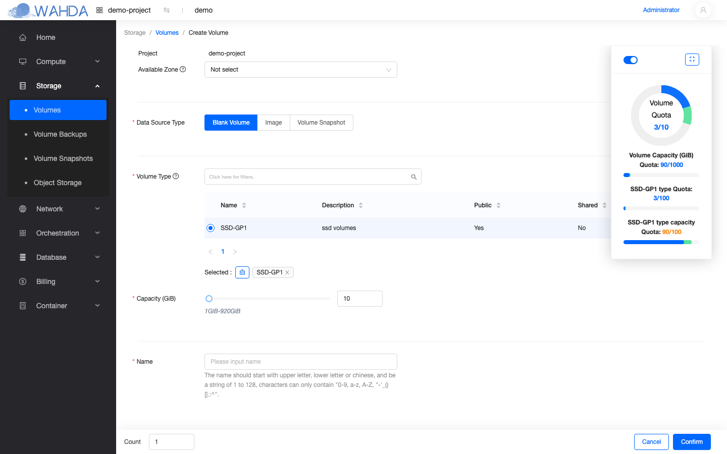 Create Volume dialog — data source, volume type, capacity, name